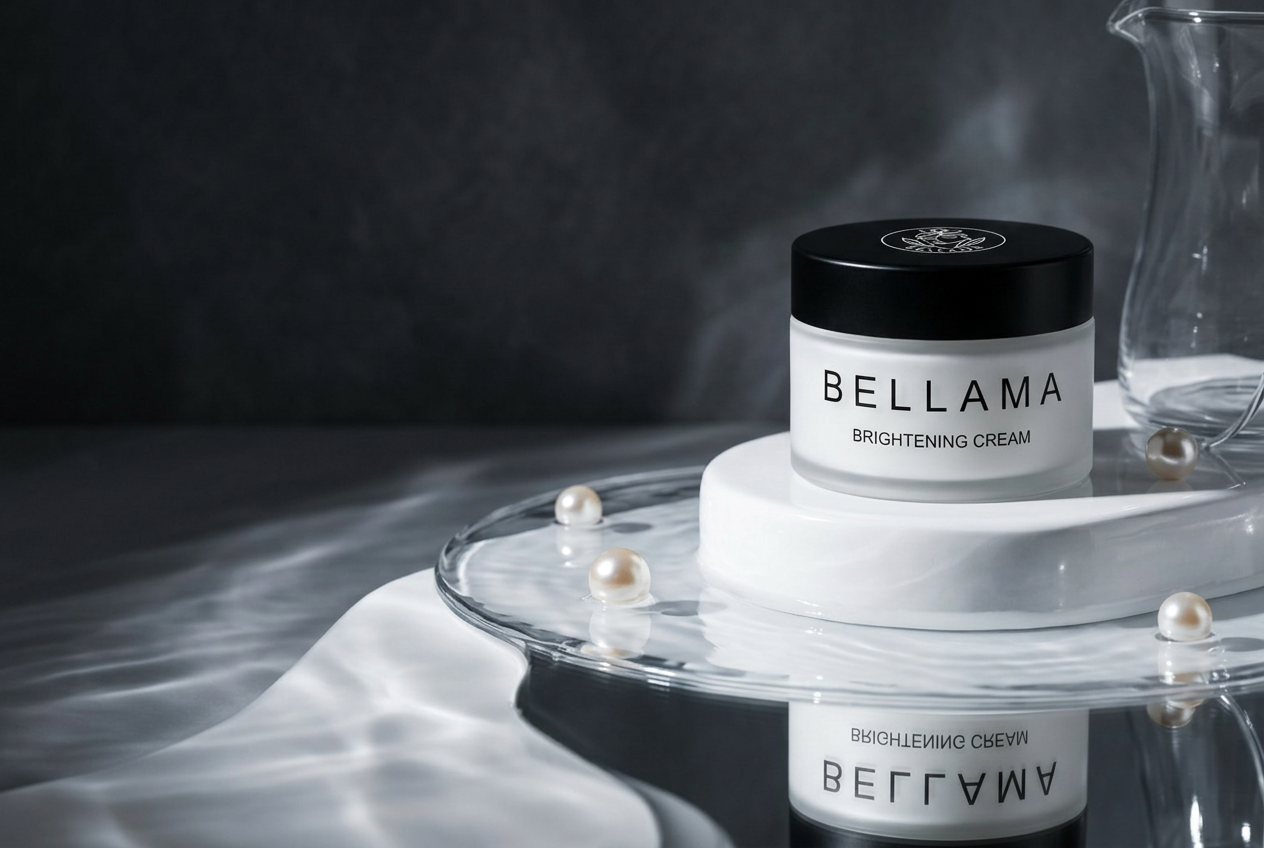 Bellama Brightening Cream displayed on reflective glass